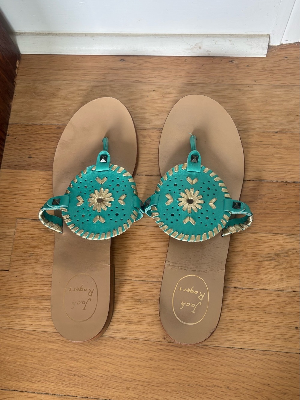 Jack Rogers 9 Georgica Flat Sandal Caribbean Blue Gold Leather Turquoise Stud